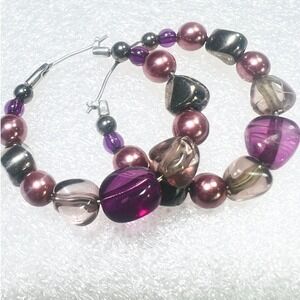 Artisan Beaded Hoop Earrings Latch Back Pierced Multi Colored Silver Tone‎